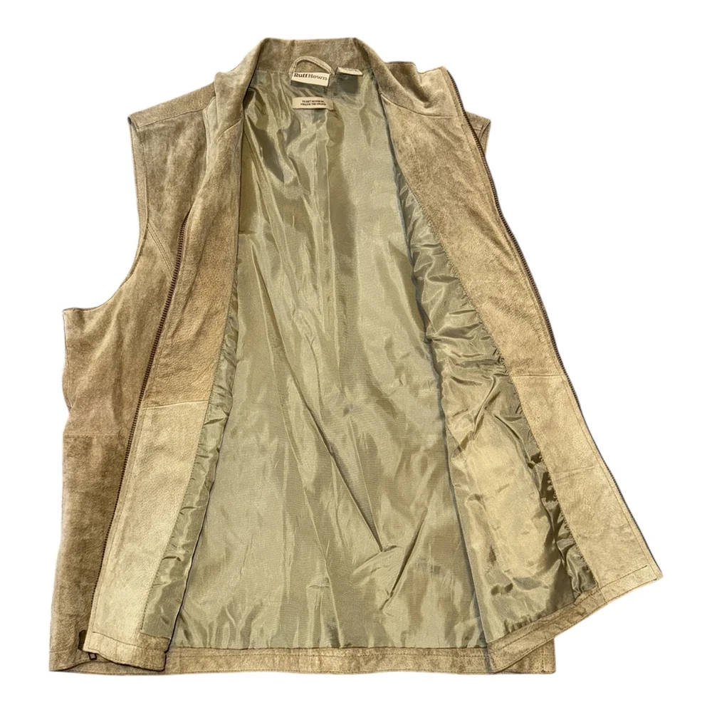 Ruff Hewn Vintage Leather Vest, Large, Beige, Full Zip Front, Classic Style
